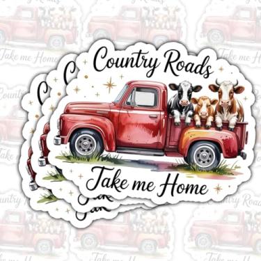 Imagem de 3 peças Country Roads Take Me Home Adesivos Vintage Red Truck with Cows Farmhouse Country Life Vinil Decalques, Adesivos Die-Cut Impermeável para Laptop, Garrafa de Água, Telefone, Janela, Capacete