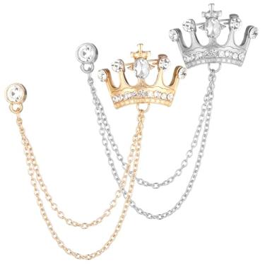 Imagem de MBAIYO 2 peças de broche de corrente pendurada em coroa para homens e mulheres, broche de lapela de terno de cristal vintage com detalhes em strass, alfinetes de colar de prata dourados para