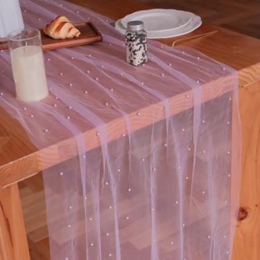 Imagem de Psasrm Conjunto de 1 corredor de mesa de pérola de 3 m, 73 x 300 cm, toalha de mesa roxa de tule pérola, caminho de mesa para festa de casamento, chá de bebê, aniversário, decoração de casa