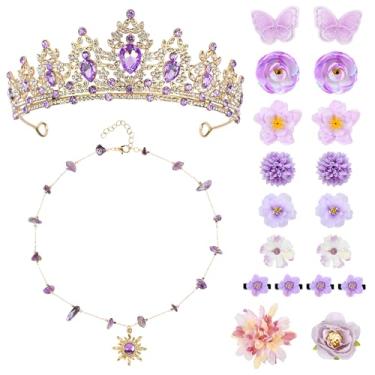 Imagem de Koeilay Conjunto de acessórios de fantasia de princesa para mulheres, coroa de tiara de strass de ouro roxo com colar, 18 peças de grampos de cabelo roxo para aniversário, cosplay de Halloween