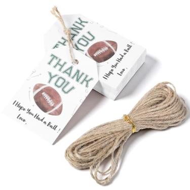 Imagem de 50 peças de etiquetas de agradecimento de futebol, lembrancinha de festa de aniversário de rúgbi, agradecimento, tema esportivo, etiquetas penduradas para festas, embrulhos de presentes, decorações de