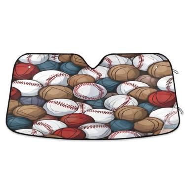 Imagem de ATTX Padrão de bolas de beisebol pára-brisa de carro 134,6 cm x 59,7 cm escudo solar universal com proteção UV, persiana de janela frontal automática dobrável para sedãs SUVs caminhões #126