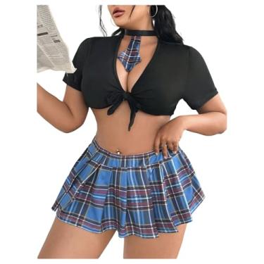 Imagem de WDIRARA Conjunto de lingerie sexy feminino plus size Tartan School Girl Bralette e saia preto e azul 4GG Plus