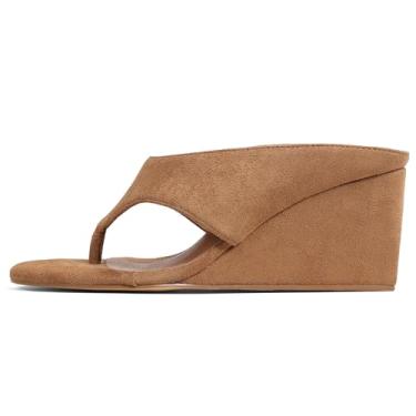 Imagem de AMINUGAL Sandálias de cunha femininas modernas elegantes de verão salto alto grosso bico redondo aberto chinelos femininos chinelos fofos de praia sem cadarço para mulheres Y2K, Camurça marrom, 37