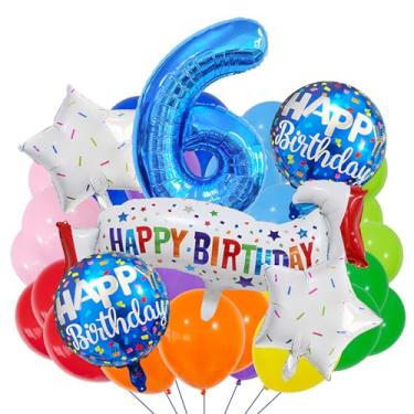 Imagem de Conjunto de artigos de aniversário de 6 anos azul, conjunto de decoração de 6 anos colorido, balão de banner de feliz aniversário para meninas, meninos, crianças, adultos, artigos de festa, decoração