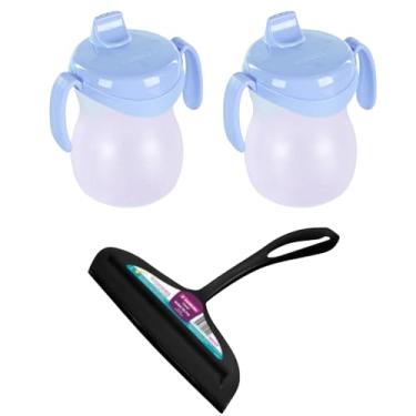 Imagem de Conjunto de 1 Rodo Plástico Multiuso Preto com Raspador 18cm + 2 Copo Infantil 310ML Atóxico Azul