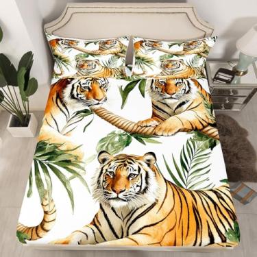 Imagem de jejeloiu Jogo de lençol Queen de tigre com estampa de animais selvagens, animais selvagens, respirável, safári, gato, decoração de quarto