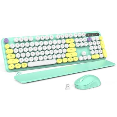 Imagem de Combo de teclado e mouse sem fio, teclas redondas retroiluminadas, teclado de máquina de escrever retrô com descanso de pulso removível, pernas recarregáveis e inclinadas, conexão sem fio de 2,4 GHz