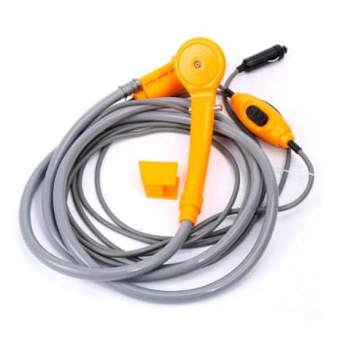 Imagem de Ducha Portátil para Camping 12V, Laranja, Bomba 35W, Vazão 8L/min, Cabo 4,85m, Mangueira 2m, Aço Inox e ABS