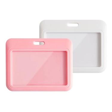 Imagem de Lanyardio Pacote com 2 porta-crachás de identificação, porta-cartões de identificação branco e rosa, porta-cartões de plástico deslizante horizontal para escritório, escola, fábrica, professores e