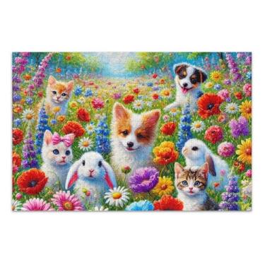 Imagem de Quebra-cabeça de animais de estimação fofos com campo floral colorido, 500 peças, para adultos, família, brinquedo, arte, homens, presentes, amigos únicos, família, jogos, presentes, 51 x 35 cm
