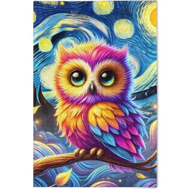 Imagem de Quebra-cabeça de coruja neon noite estrelada 500 peças para adultos jogo engraçado homens presentes únicos cenário personalizado arte animal, 52 cm x 37,8 cm