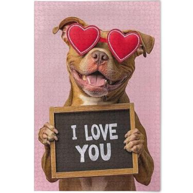 Imagem de Quebra-cabeça de cachorro fofo coração dos namorados 500 peças para adultos família amantes presentes personalizados grandes quebra-cabeças arte animal flor, 52 cm x 37,8 cm