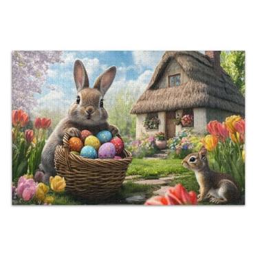 Imagem de Quebra-cabeça para adultos 1000 peças cesta de coelho fofo ovos coloridos elefantes brancos presentes paisagem quebra-cabeça impressão de arte animal, 75 x 40 centímetros