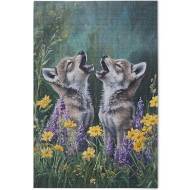 Imagem de Quebra-cabeça floral personalizado com filhotes de lobo uivando para adultos, 500 peças, cenário, arte floral, presentes exclusivos, quebra-cabeça, jogos, presentes tecnológicos, 52 x 37,8 cm