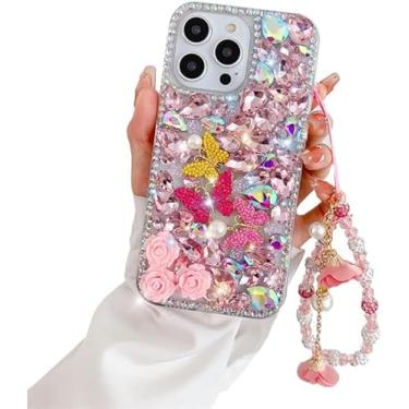 Imagem de AQZBIAIOU Capa para Samsung Galaxy S25 FE Bling Sparkle com Pulseira, 3D Glitter Borboleta Flor Diamante Strass Pérola Mulheres Meninas Capa de Telefone para Samsung Galaxy S25 FE, Rosa