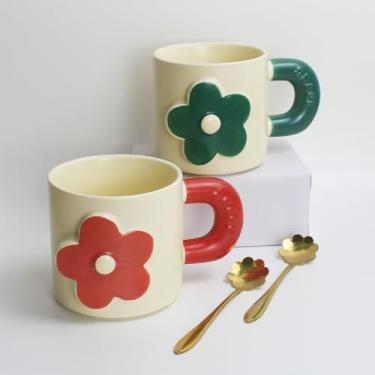 Imagem de Conjunto de 2 canecas de café de cerâmica (grande), xícaras de café de 382 g com alça, caneca de latte com colheres, caneca de cerveja grande para mulheres, homens, segura para micro-ondas, esmalte