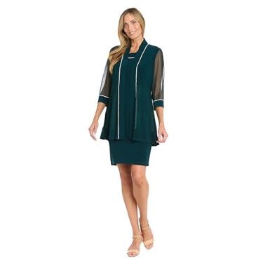 Imagem de R&M Richards Conjunto de vestido feminino de 2 peças na altura do joelho com jaqueta transparente com manga 3/4 enfeitada - roupa formal para coquetéis, Caçador, 52