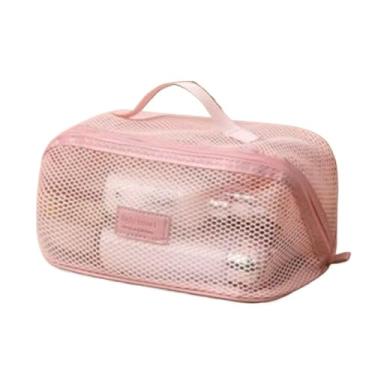 Imagem de Kit Necessaire de Maquiagem 2 Peças Grande Capacidade em Nylon e Malha Transparente para Cosméticos e Viagem(01 Rosa)