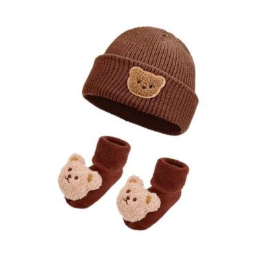 Imagem de Conjunto De Gorro De Malha Sólido E Meias De Pelúcia De Urso Para Bebê