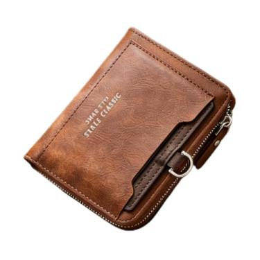 Imagem de Carteira masculina de couro curto com zíper, couro marrom claro macio com zíper (cinza-acinzentado)