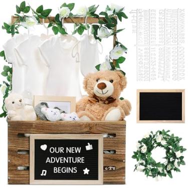 Imagem de Barydat Armário de madeira para chá de bebê, cesta de bebê com alça e kit de placa de carta de feltro, guirlanda de chá de bebê, caixa de presente de madeira, cesta personalizada para anúncio de