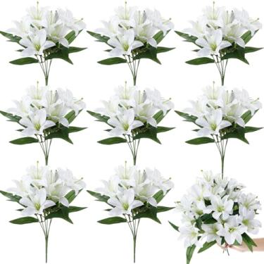 Imagem de Giegxin 8 peças de flores artificiais de lírio de tigre artificial, buquês de lírio de Páscoa, flores falsas de primavera com 7 cabeças, lírio para casamento, casa, hotel, arranjo floral, decoração de