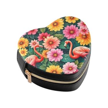 Imagem de Burbuja Caixa de joias floral flamingos em forma de coração, mini estojo de joias de viagem para mulheres e meninas, organizador portátil de armazenamento para brincos, anéis, colares e pulseiras