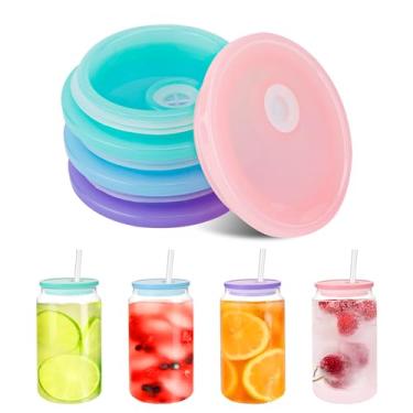 Imagem de 4 tampas de acrílico para copo de vidro, tampa de silicone reutilizável para copos de garrafa à prova de poeira de 473 g/590 ml, capas fofas de substituição para latas de cerveja, copos de uísque