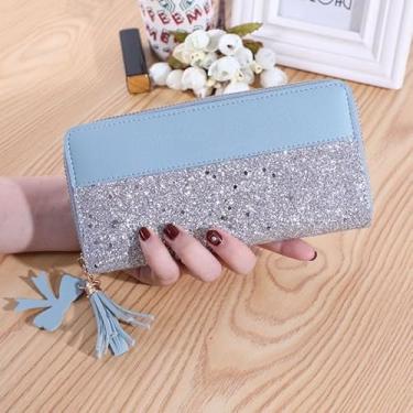 Imagem de Carteira feminina com vários cartões, porta-cartões, bolsa feminina com glitter, borla e alça de pulso, Azul, Minimalista