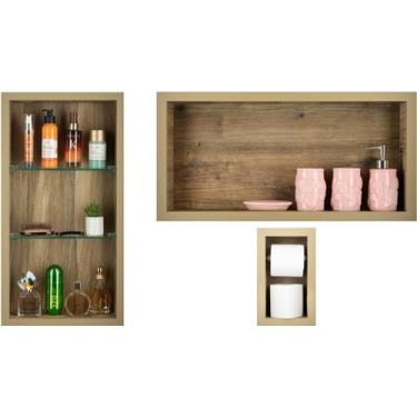Imagem de Nicho Em Porcelanato Para Banheiro - kit com 3 peças (Madeirado) - Inc