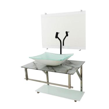 Imagem de Gabinete De Vidro 60Cm Inox Cuba Retangular - Mármore Branco