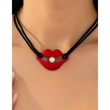 Imagem de Colar Feminino Sensual Pingente Lábios Vermelhos e Pérola