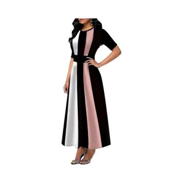 Imagem de Vestido Feminino Vintage Com Bloco De Cores E Gola Redonda De Manga Cu