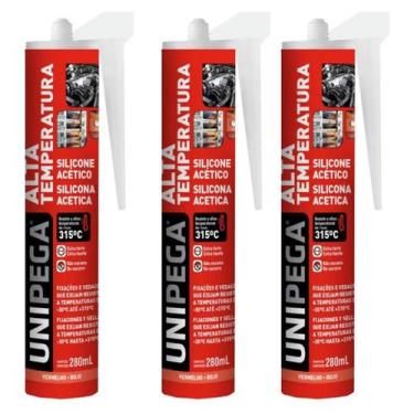 Imagem de Silicone Alta Temperatura Vermelho Unipega 280ml Até 300ºC, 3 Unidades