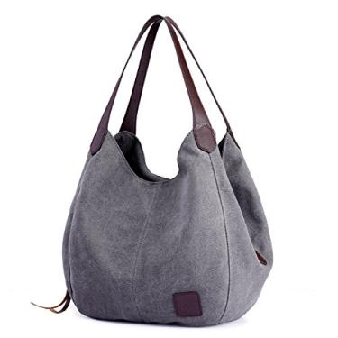 Imagem de DOURR Bolsa de ombro feminina com vários bolsos, bolsa de mão moderna de lona de algodão, Cinza - Tamanho médio, Medium