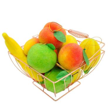 Imagem de Kit Cesto Multiuso Porta Frutas Aço Inox Rosé Quadrado Fruteira Com Alça 23cm