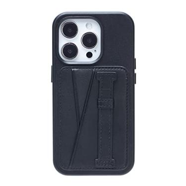 Imagem de zhouye Capa de couro para iPhone 14/14 Pro/14 Plus/14 Pro Max, capa traseira fina, suporte para pulseira com slot para cartão anti-queda proteção à prova de choque capa interna de TPU, preta, 14 pro 6,1 polegadas