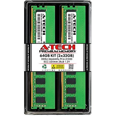 Imagem de A-Tech Kit de servidor de 64 GB (2 x 32 GB) DDR4 2666 MHz PC4-21300 ECC UDIMM 2Rx8 Dual Rank 1,2V ECC DIMM sem buffer 288 pinos Módulos de atualização de memória RAM para servidor e estação de