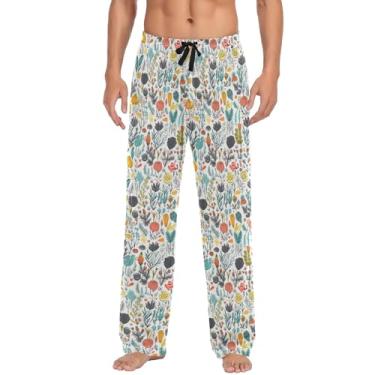 Imagem de Calça de pijama masculina, calça de pijama masculina Mardi Gras dourada e roxa pijama masculino para presentes de dia dos namorados, Flores fofas, M