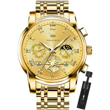 Imagem de OLEVS Relógio de pulso masculino com cronógrafo, de aço inoxidável, à prova d'água, luminoso, data, relógio de pulso todo dourado, Relógio de quartzo, cronógrafo