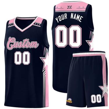 Imagem de Camiseta de basquete personalizada com logotipo de número de nome, regata e shorts estampados personalizados para homens mulheres jovens, 3. Azul marinho/rosa, One Size