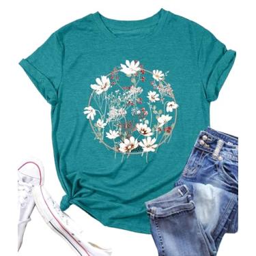 Imagem de Camiseta feminina com flores vintage: camiseta floral boho estampa flores silvestres camisetas manga curta casual tops, Ciano, P
