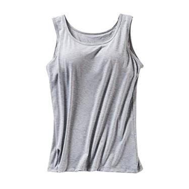 Imagem de Camisetas femininas com sutiã embutido 2024 verão algodão alças finas regatas básicas respiráveis, Cinza, G