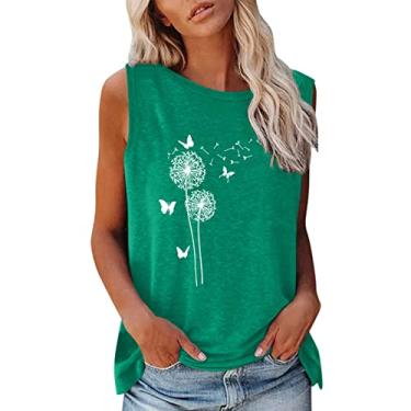 Imagem de Camiseta regata feminina de verão com estampa de dente-de-leão gola canoa solta blusa casual para sair, Verde, M