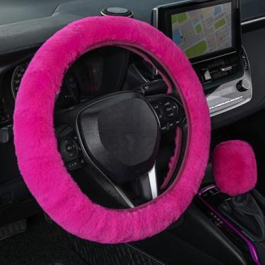 Imagem de SEG Direct Capa de volante de carro peludo com capa de mudança de marcha, macia e quente, decoração automotiva fofa e fofa para mulheres e homens, tamanho padrão, conjunto de 2 peças, magenta
