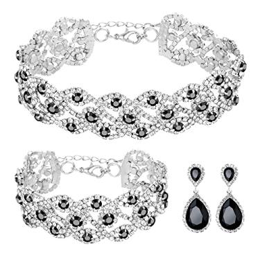 Imagem de Miraculous Garden Conjunto de joias femininas 3/4 peças de strass artificial cristal noiva declaração colar tiara coroa link pulseira lágrima pingente brincos conjunto, 18, Metal, Strass