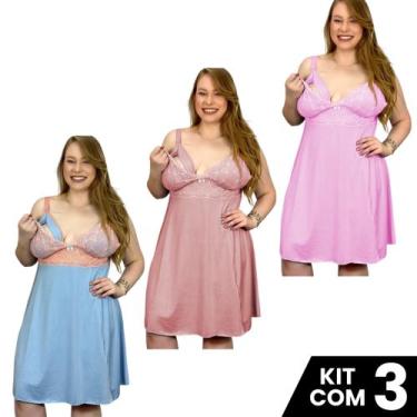 Imagem de Kit 3 Camisolas Amamentação Plus Size Pós Parto Maternidade Tamanho Gr