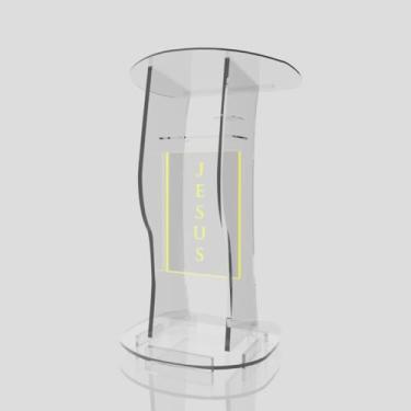 Imagem de Púlpito em Acrílico para Igreja e/ou Eventos com Gravação e Led grátis Mod. Jonas Transparente (Tradicional, Moderna ou Sem Gravação) Cores em Led. (Grav. "Jesus" Tradicional, LED AMARELO)