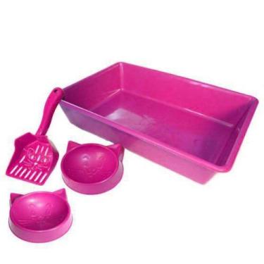 Imagem de Kit bandeja cara de gato 02 comedouro 01 pa - rosa - PET TOYS